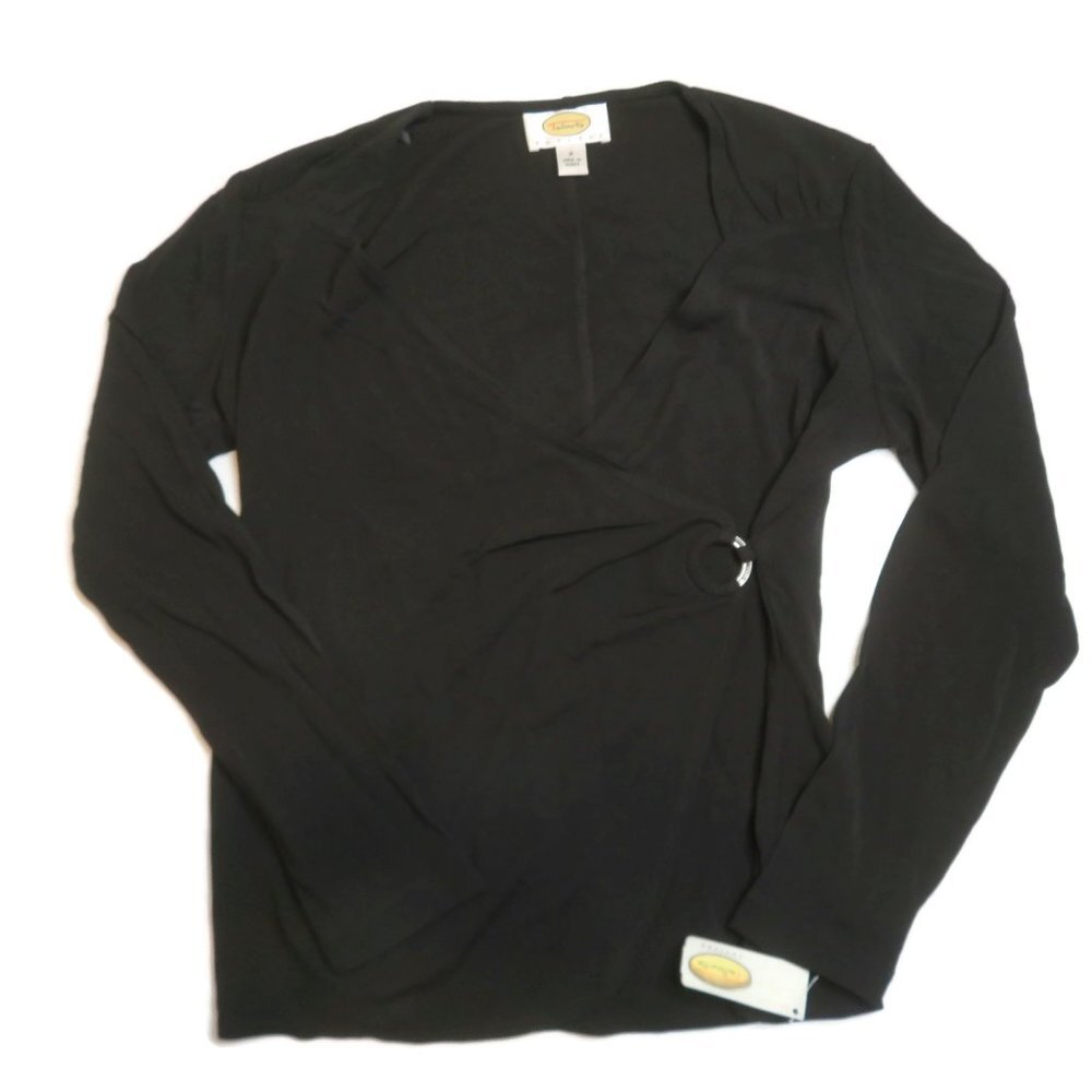 Talbots Faux Wrap Top Black Long Sleeve V Neck Ring Petites Womens 2 NWT Shirt